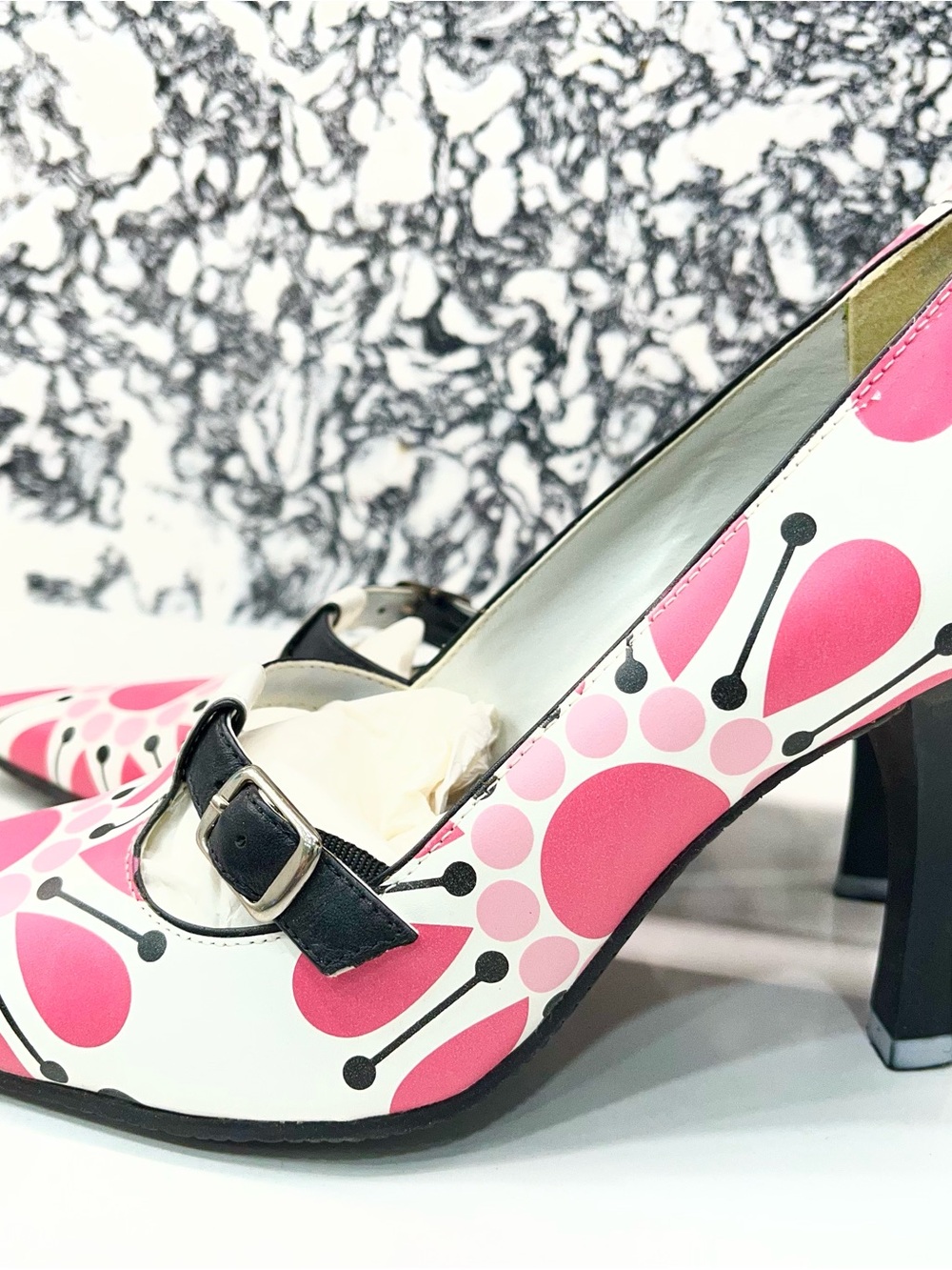 MIA Pink & White Patterned Mary Jane Heels with Black Strap - Picture 8 of 10